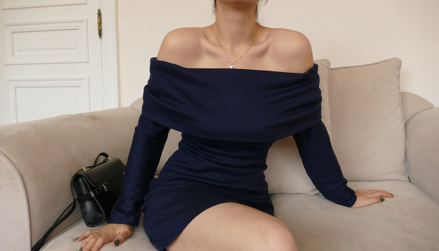 Patron PDF robe pull moulante avec décolleté bardot, épaules dénudées