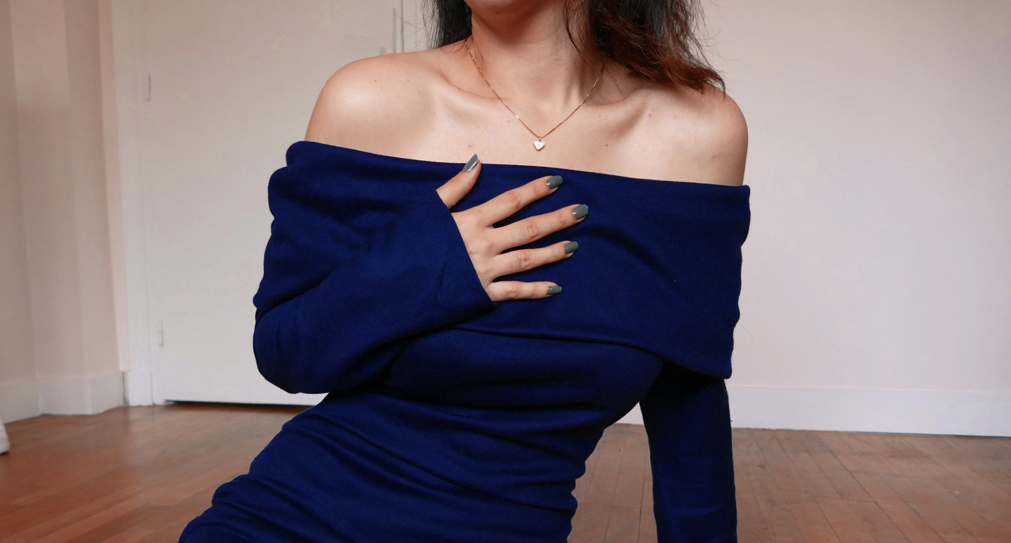 Patron PDF robe pull moulante avec décolleté bardot, épaules dénudées