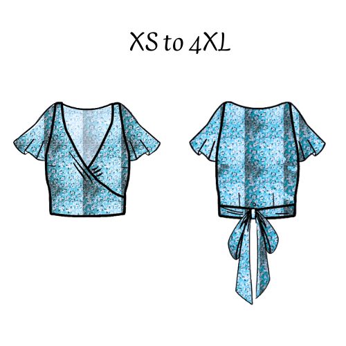 Patron pdf crop top avec ouverture portefeuille, manches papillons, noué dans le dos