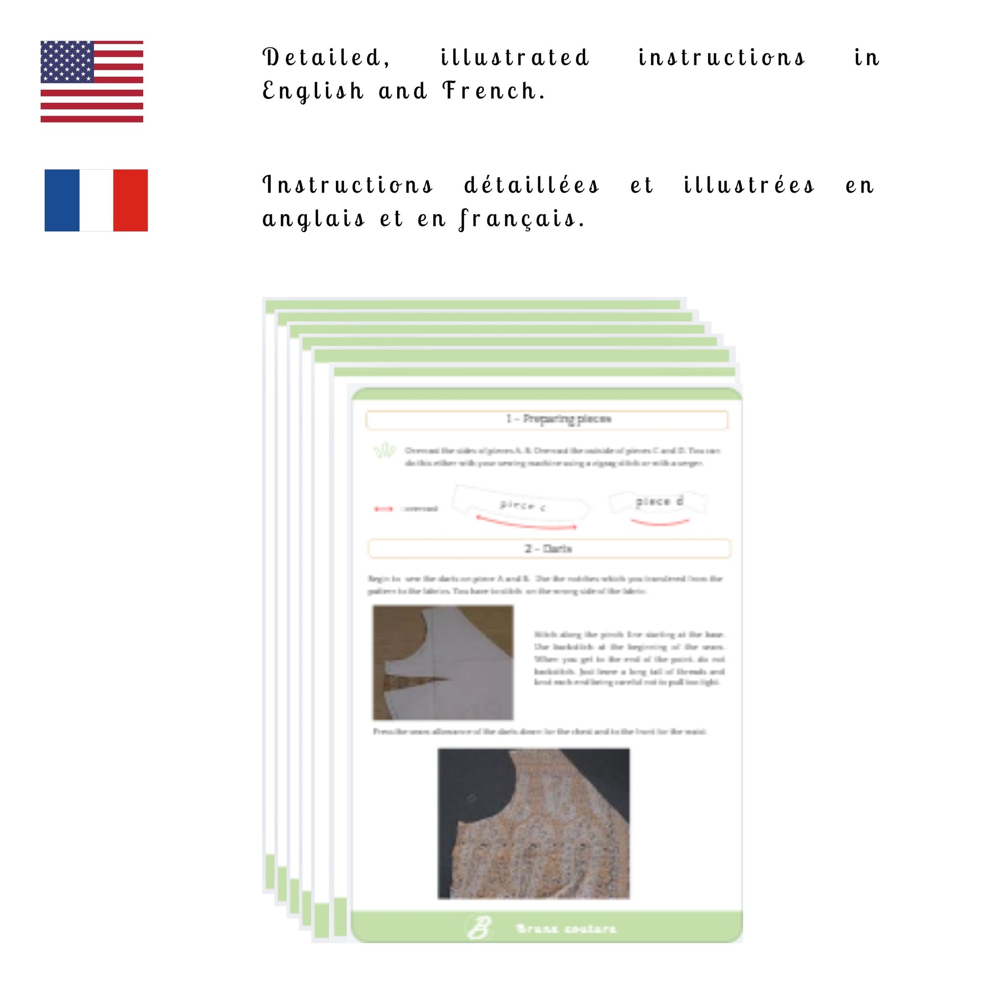 instructions de couture en anglais et français