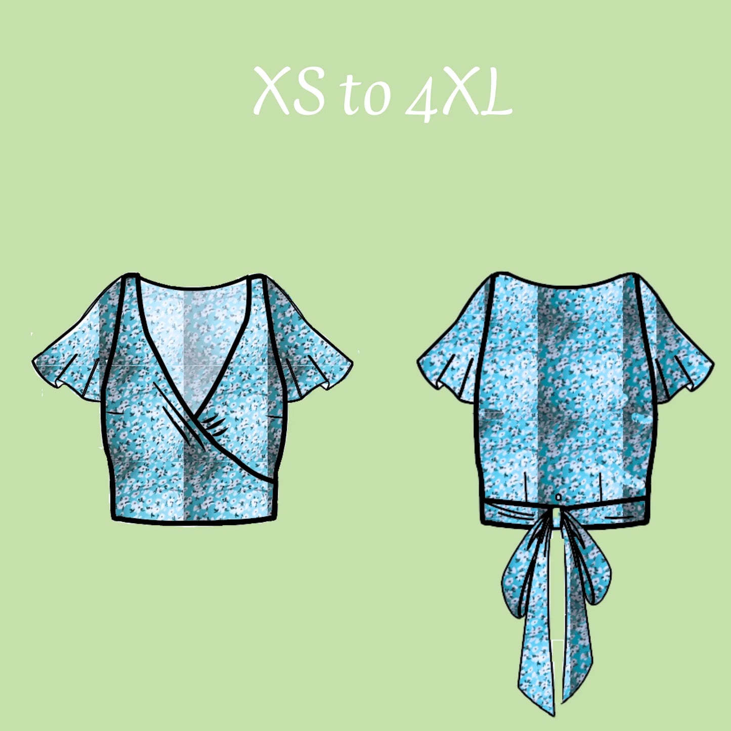 Dessin technique de mode d'un haut portefeuille à nouer dans le dos, tailles disponibles de XS à 4 XL