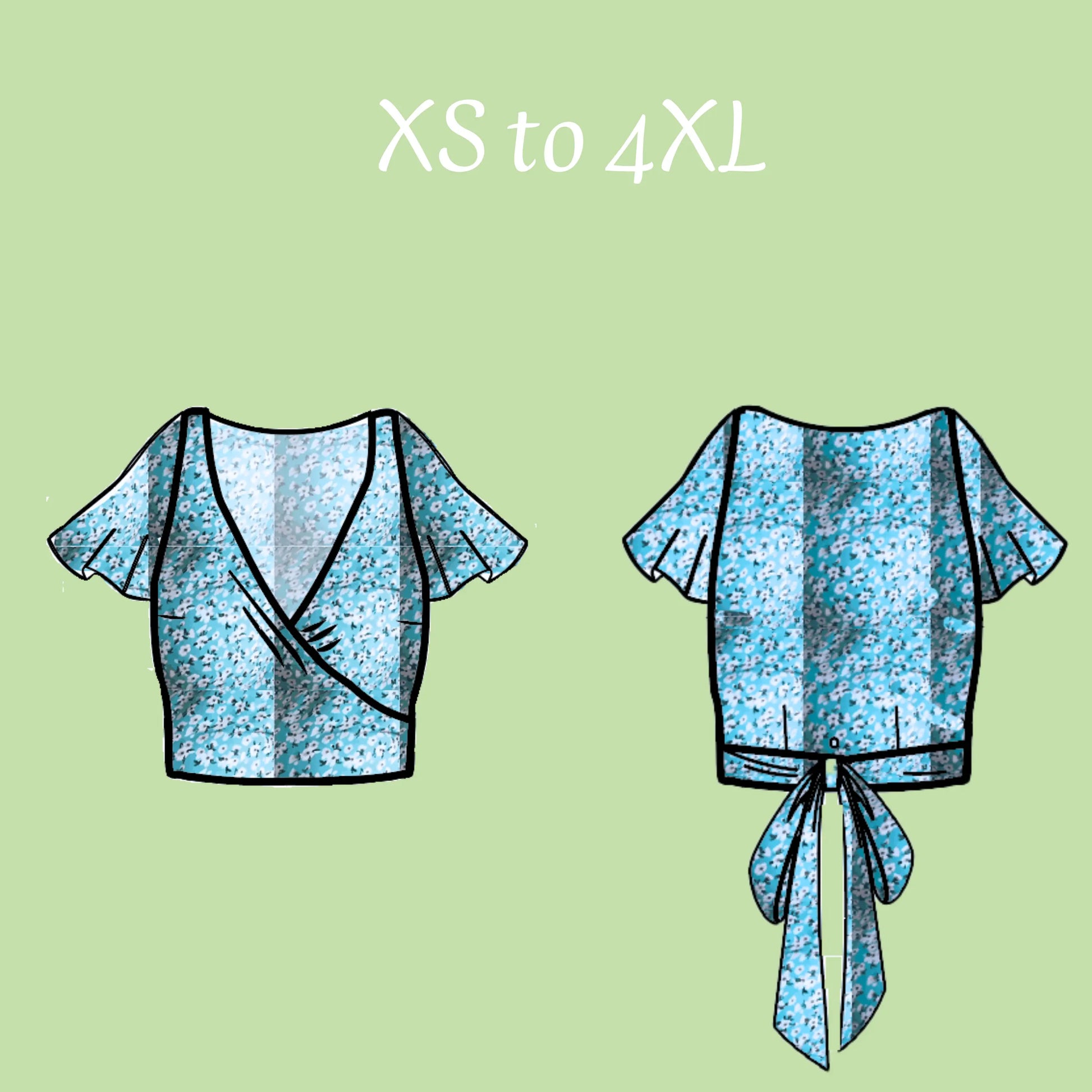 Dessin technique de mode d'un haut portefeuille à nouer dans le dos, tailles disponibles de XS à 4 XL